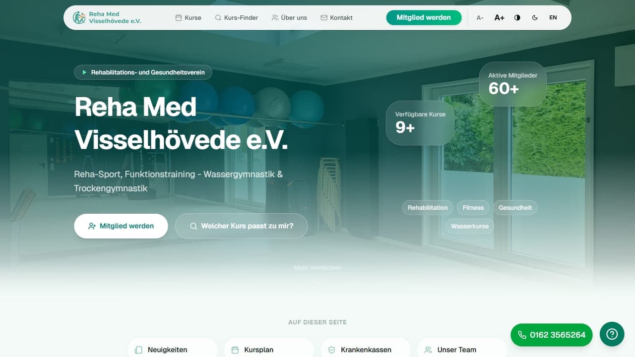 Startseite der Vereinswebsite rmvv.online von Reha Med Visselhövede
